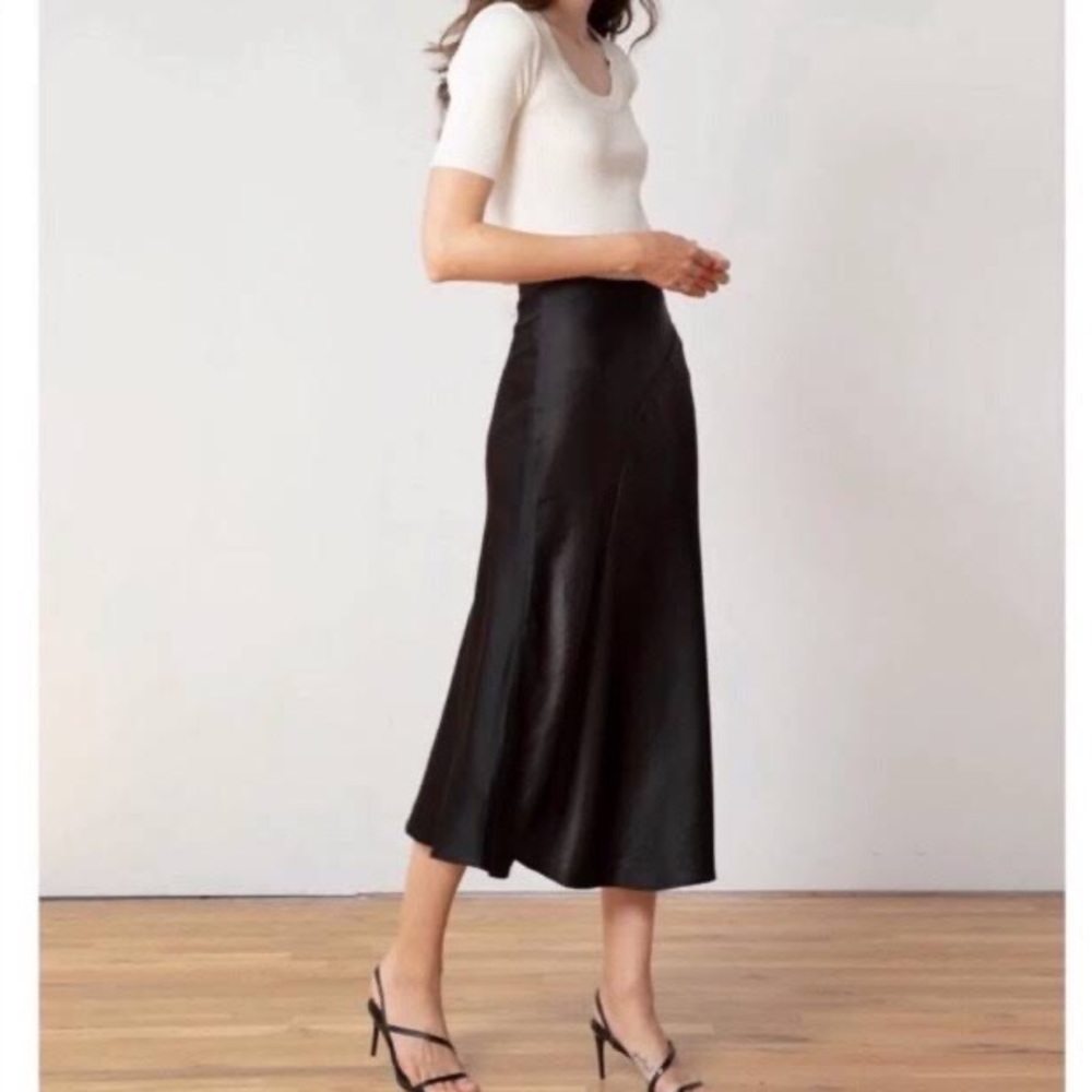 Zara satin black midi slip flutes hem skirt Size XS